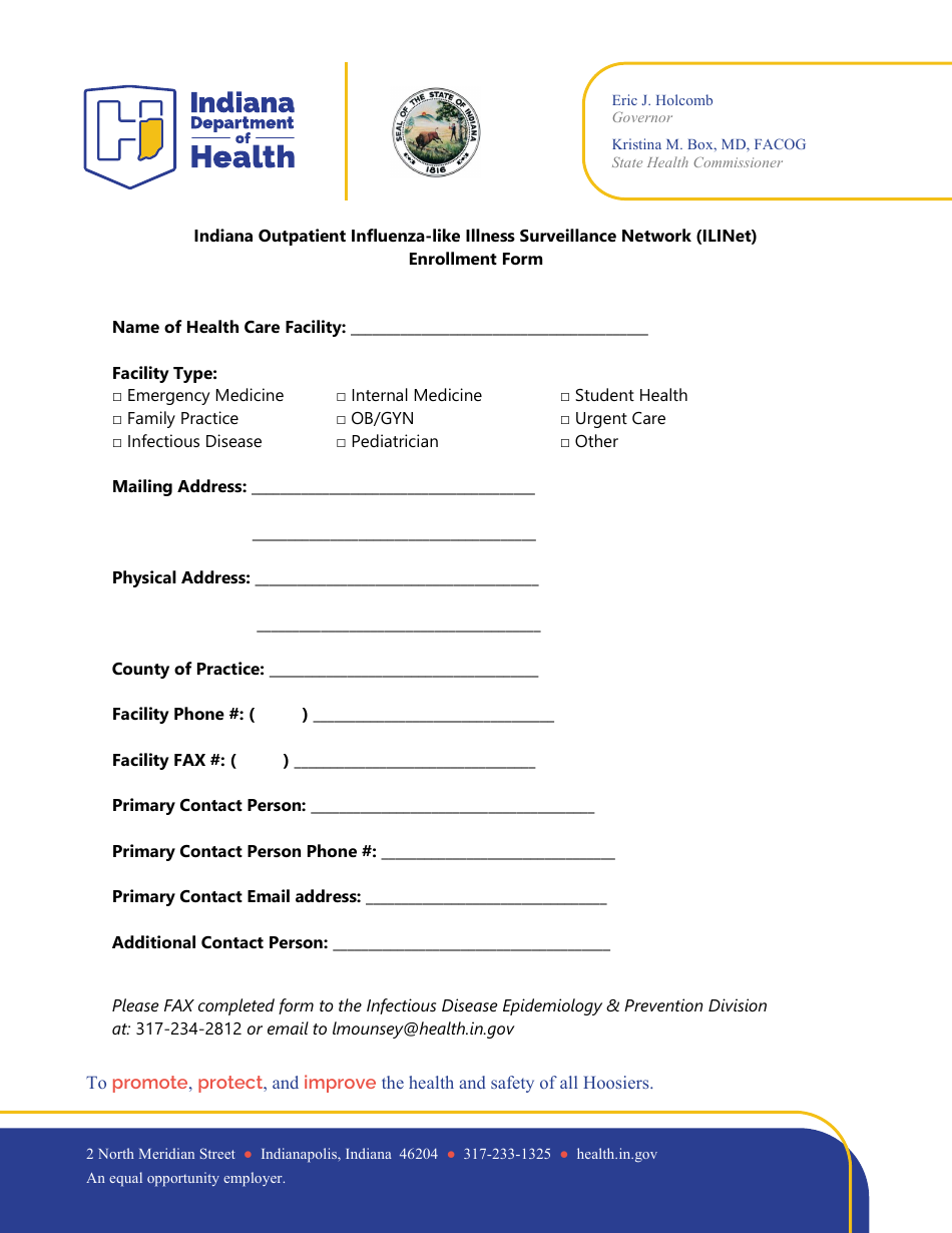 Indiana Outpatient Influenza-like Illness Surveillance Network (Ilinet) Enrollment Form - Indiana, Page 1