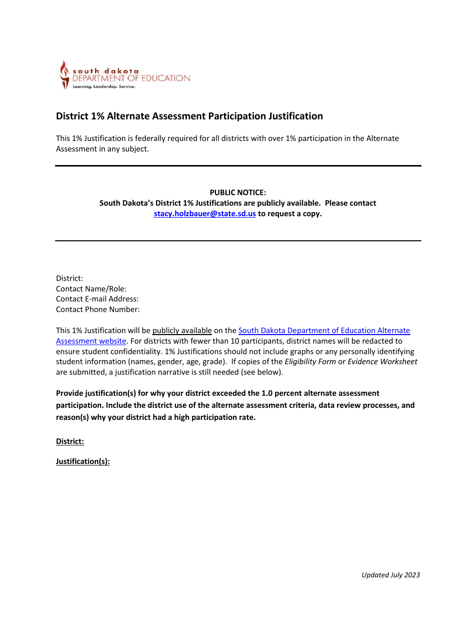 District 1% Alternate Assessment Participation Justification - South Dakota, Page 1