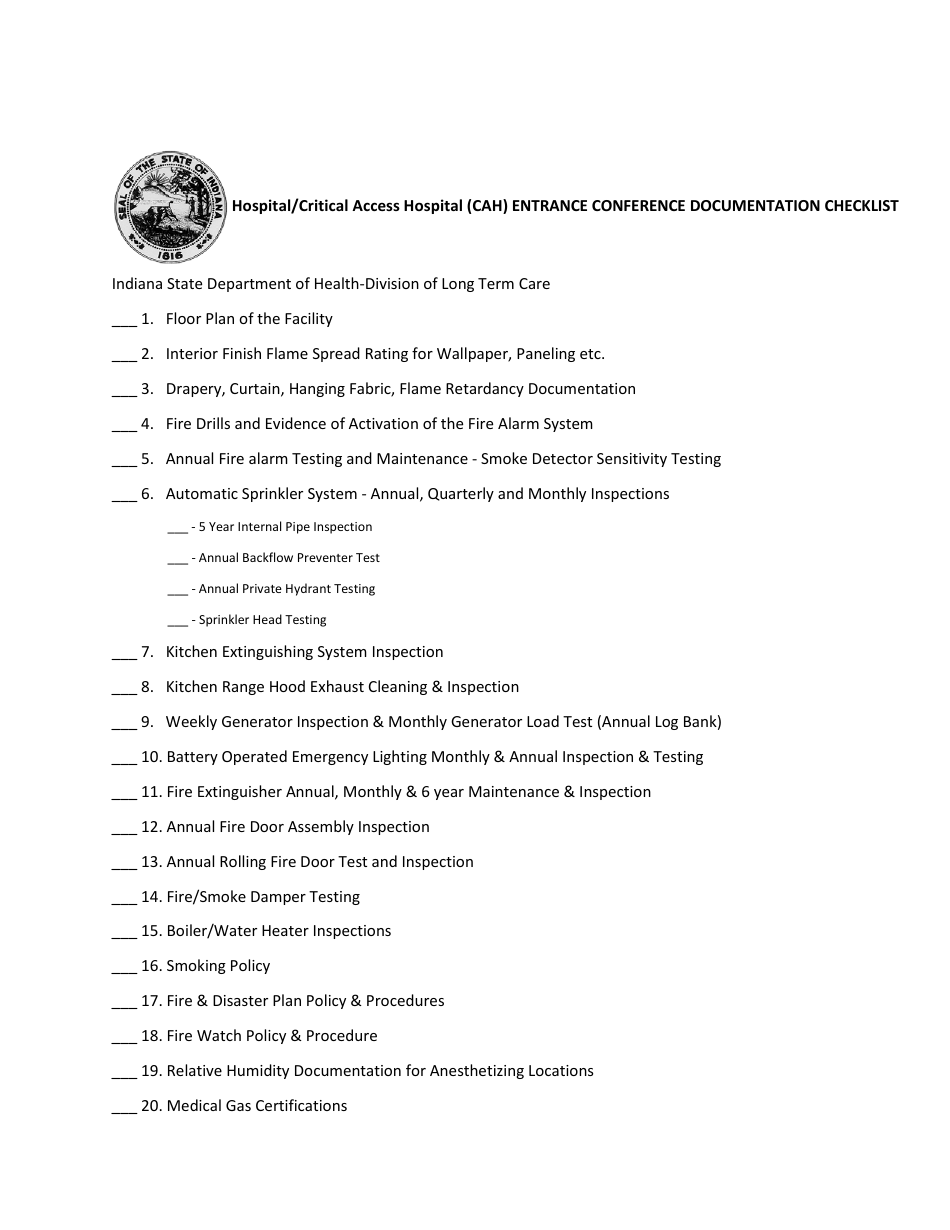 Hospital / Critical Access Hospital (Cah) Entrance Conference Documentation Checklist - Indiana, Page 1