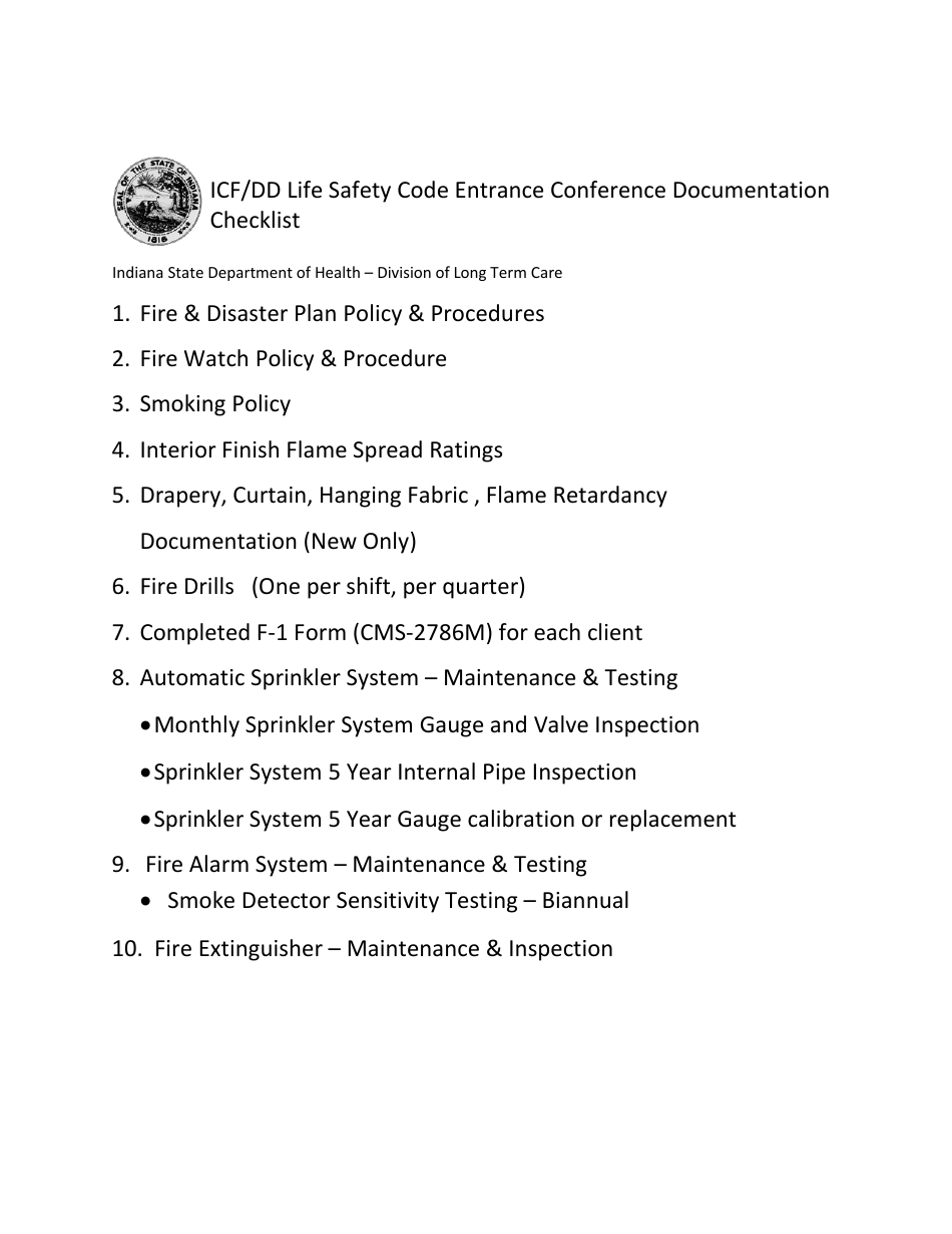 Icf / DD Life Safety Code Entrance Conference Documentation Checklist - Indiana, Page 1