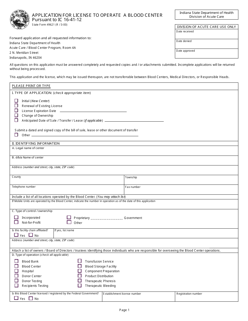 State Form 49621 Application for License to Operate a Blood Center Pursuant to Ic 16-41-12 - Indiana, Page 1
