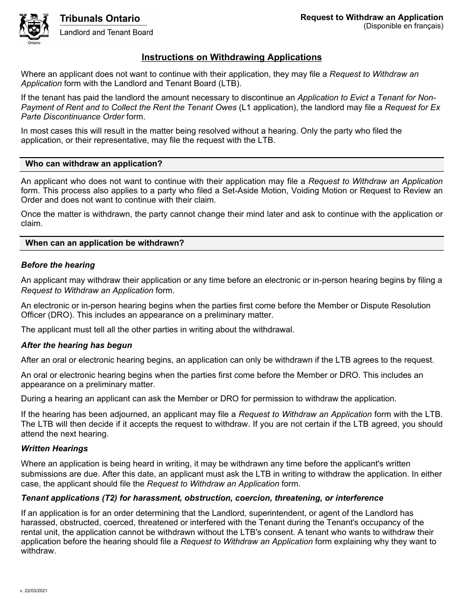 Request to Withdraw an Application - Ontario, Canada, Page 1