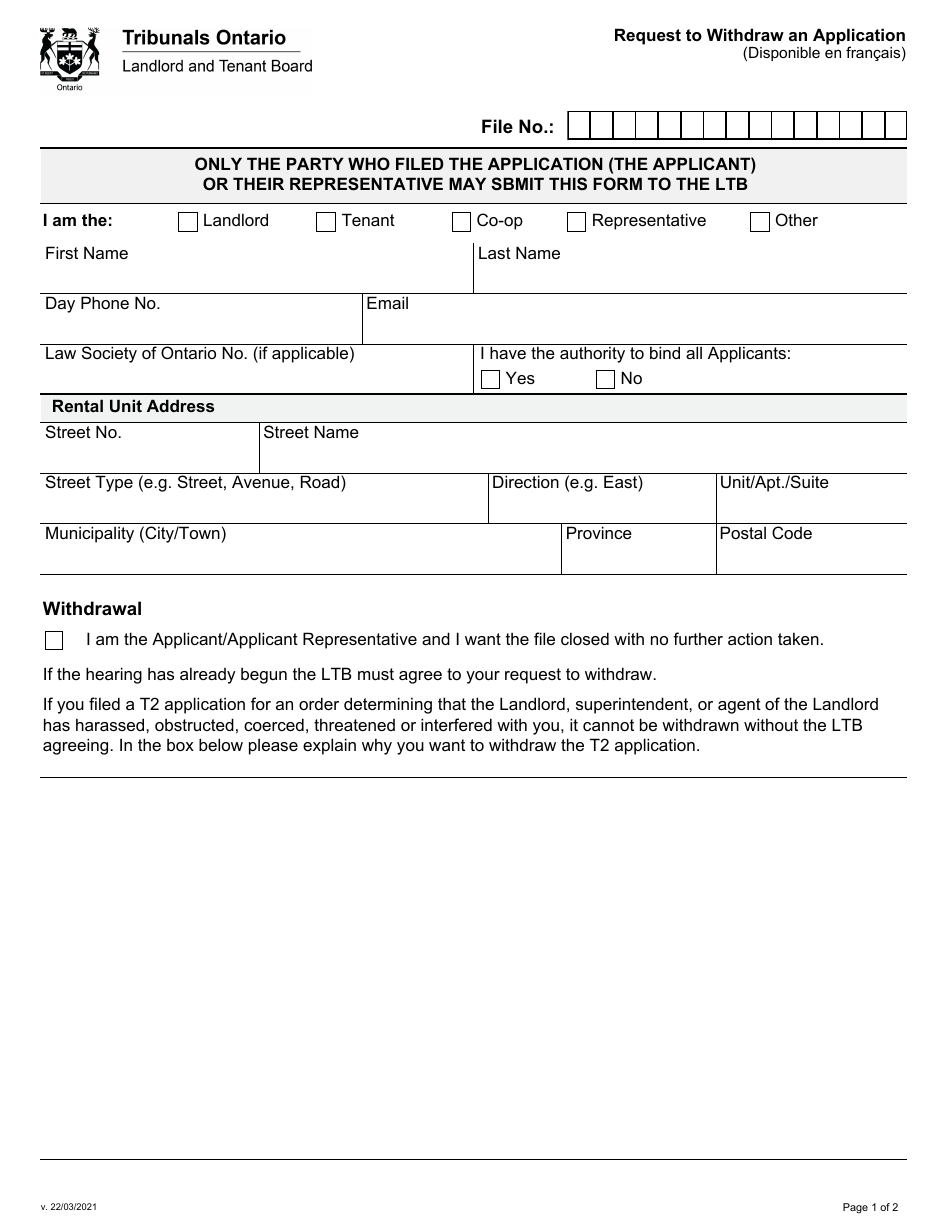 Request to Withdraw an Application - Ontario, Canada, Page 2