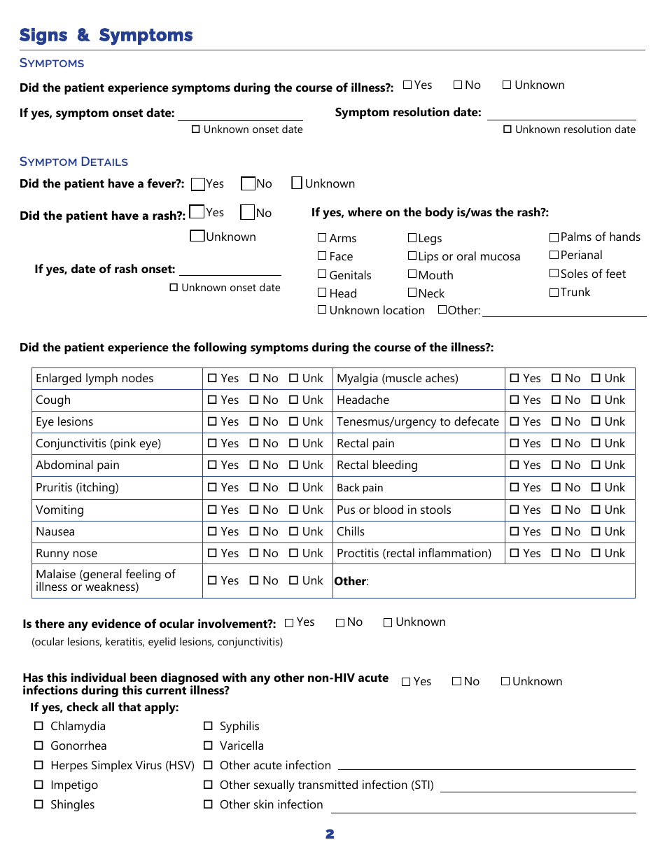 Monkeypox Investigation Form - Indiana, Page 2