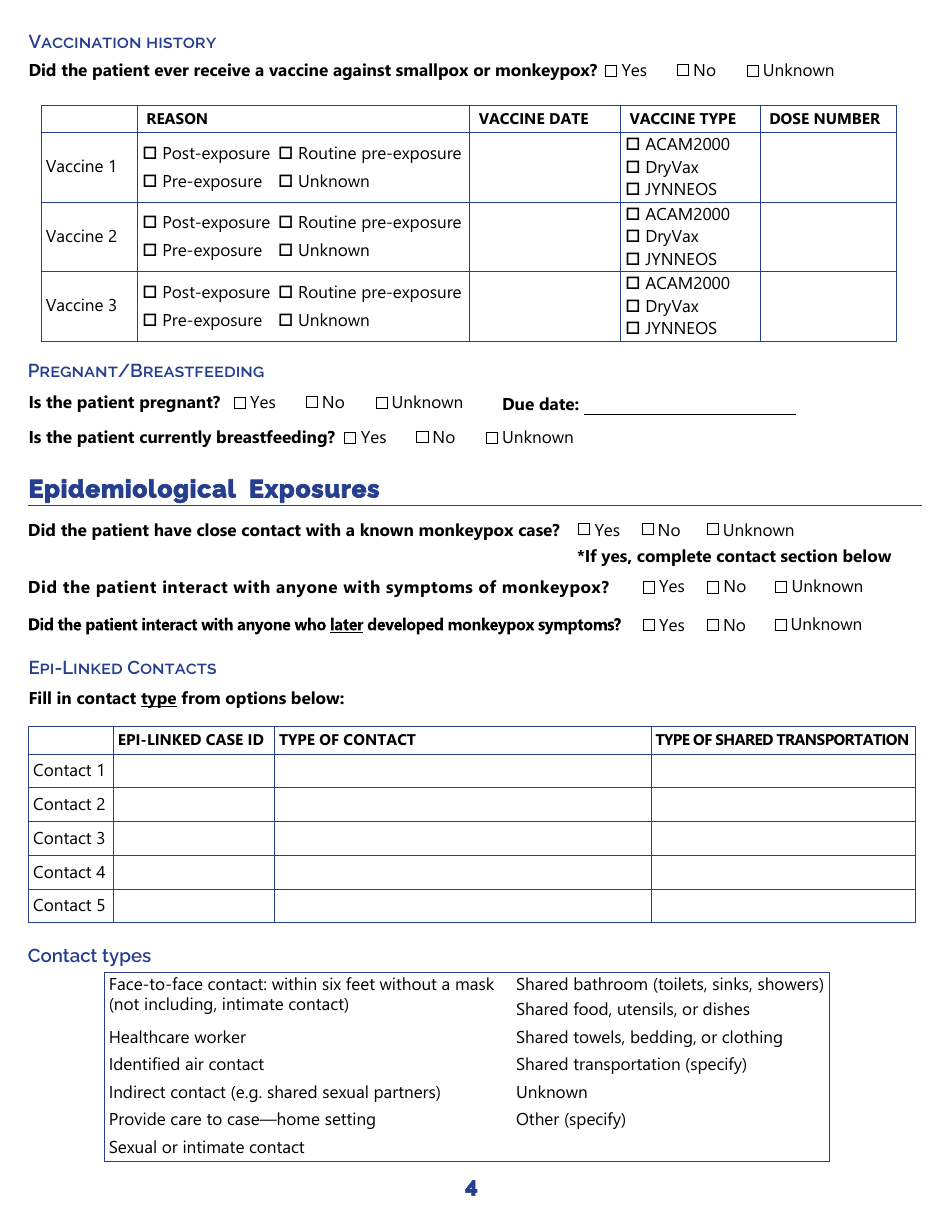 Monkeypox Investigation Form - Indiana, Page 4