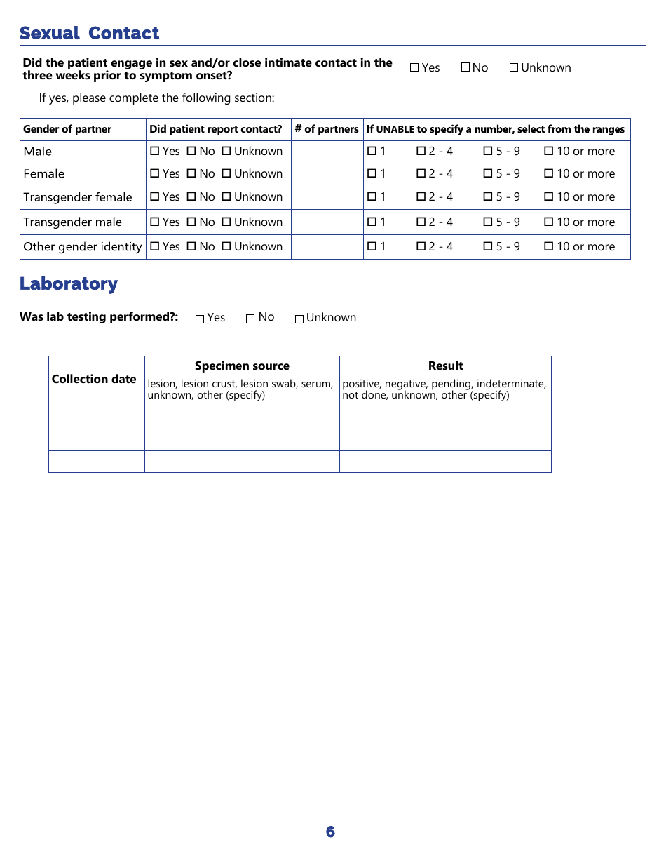 Monkeypox Investigation Form - Indiana, Page 6