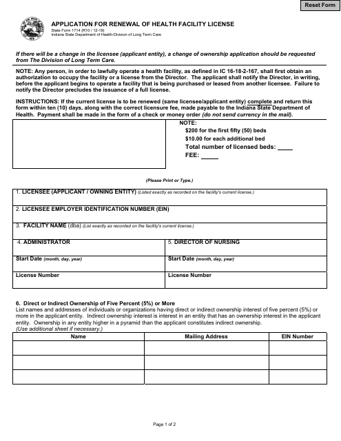 State Form 1714 Application for Renewal of Health Facility License - Indiana