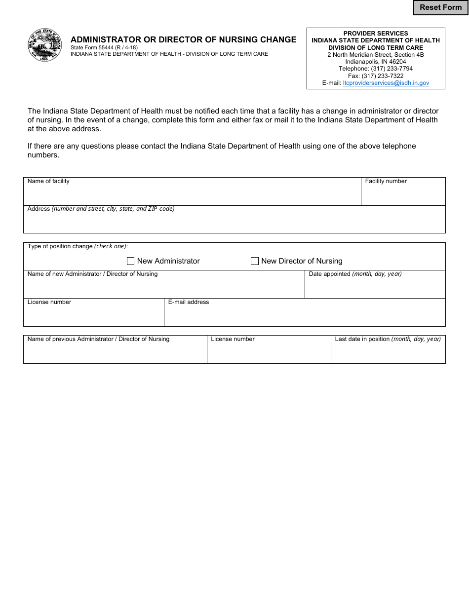 State Form 55444 Administrator or Director of Nursing Change - Indiana, Page 1