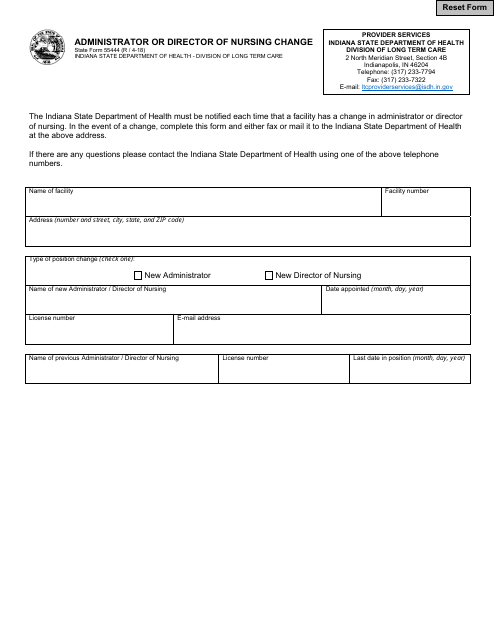 State Form 55444 Administrator or Director of Nursing Change - Indiana