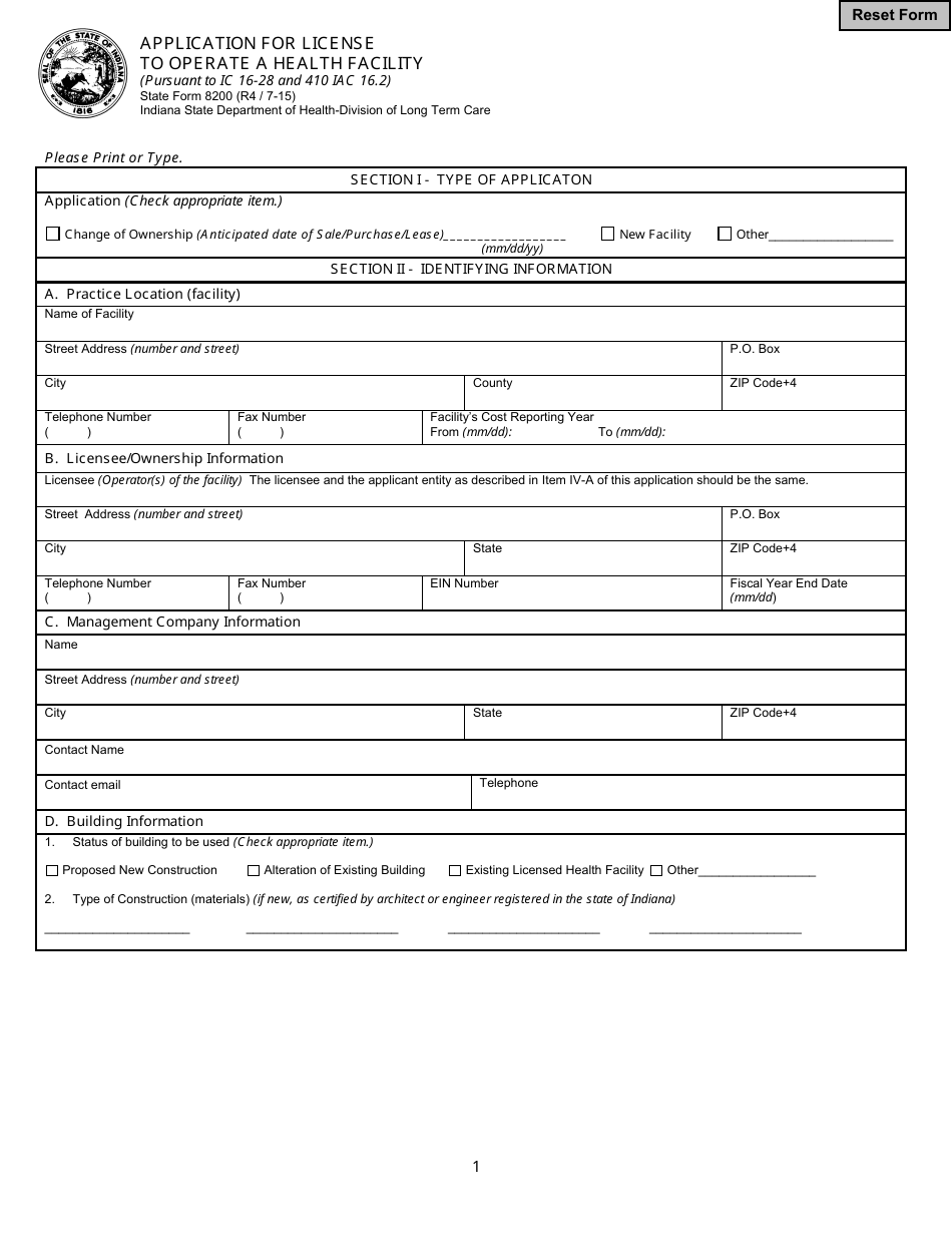 State Form 8200 Application for License to Operate a Health Facility - Indiana, Page 1