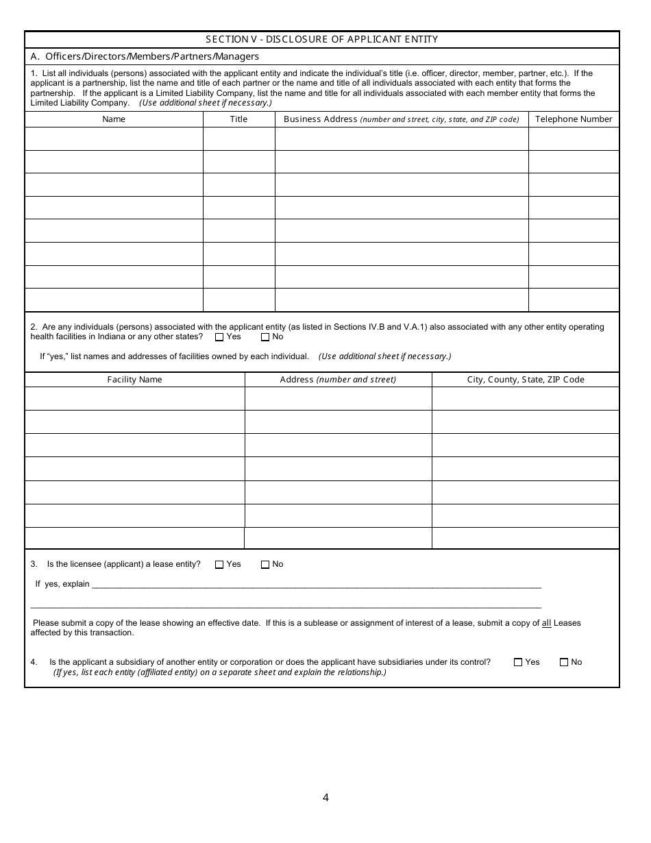 State Form 8200 Application for License to Operate a Health Facility - Indiana, Page 4