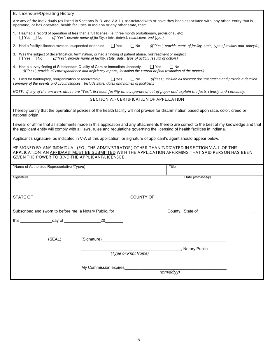 State Form 8200 Application for License to Operate a Health Facility - Indiana, Page 5