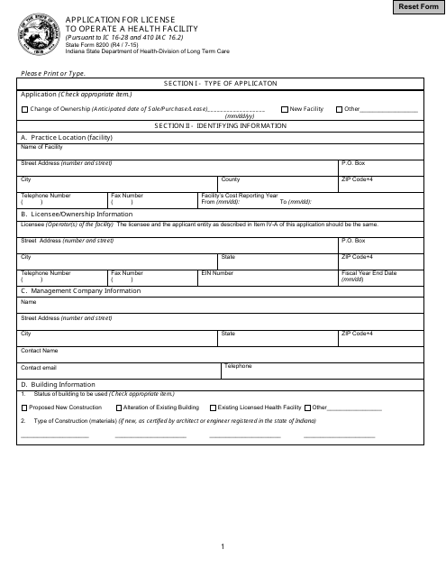 State Form 8200 Application for License to Operate a Health Facility - Indiana