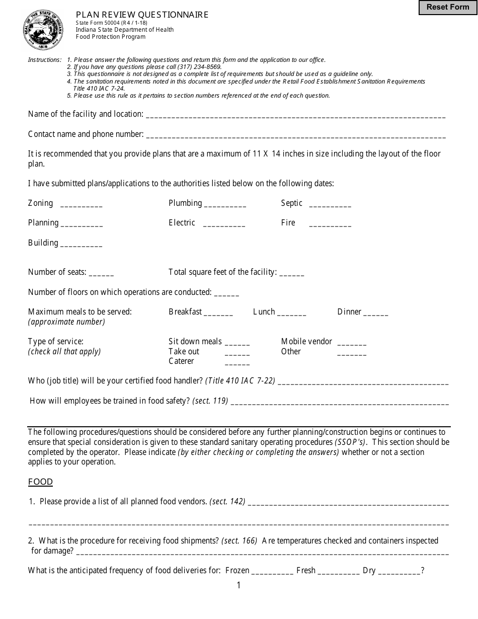 State Form 50004 Plan Review Questionnaire - Indiana, Page 1