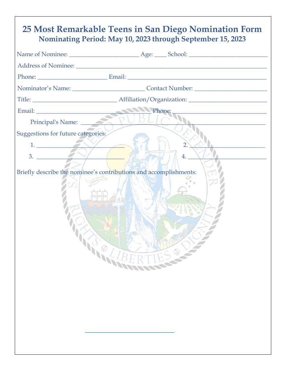 25 Most Remarkable Teens in San Diego Nomination Form - County of San Diego, California, Page 2