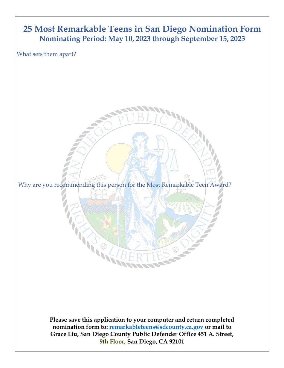 25 Most Remarkable Teens in San Diego Nomination Form - County of San Diego, California, Page 3