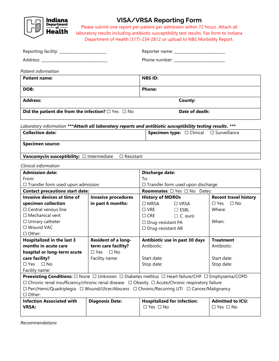 Visa / Vrsa Reporting Form - Indiana, Page 1