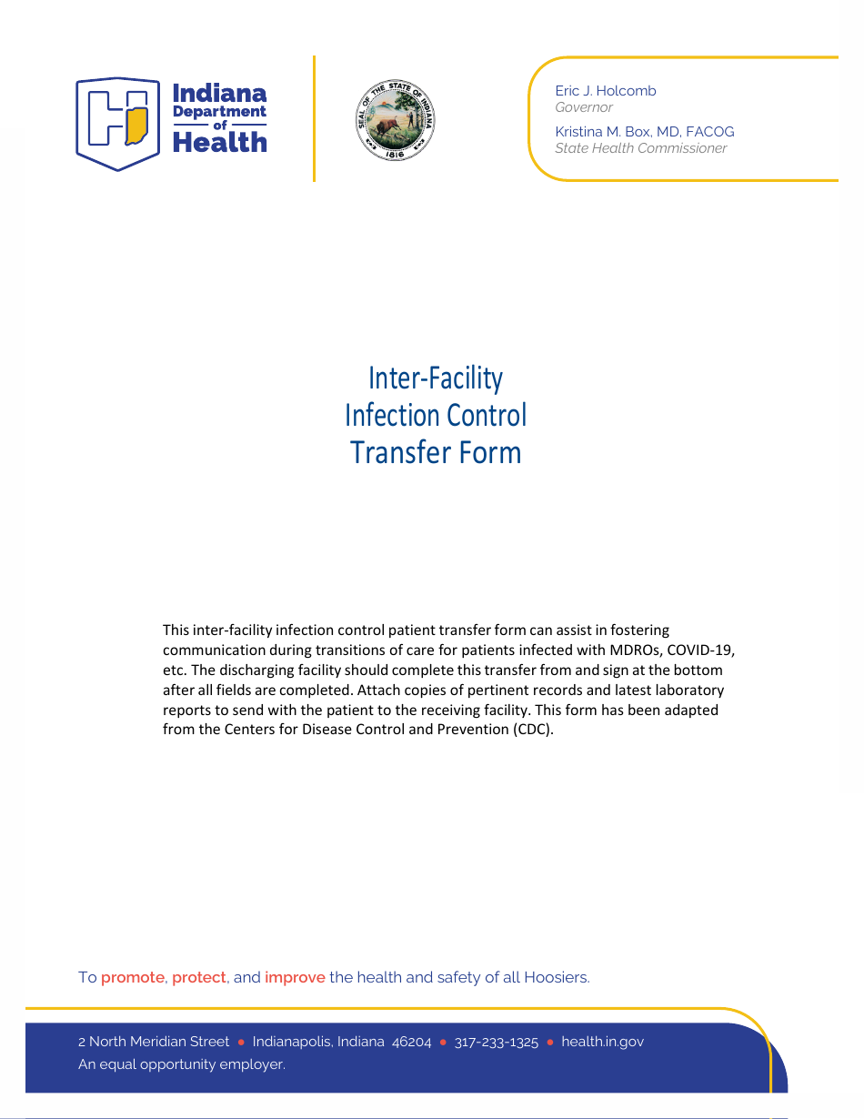 Inter-Facility Infection Control Transfer Form - Indiana, Page 1