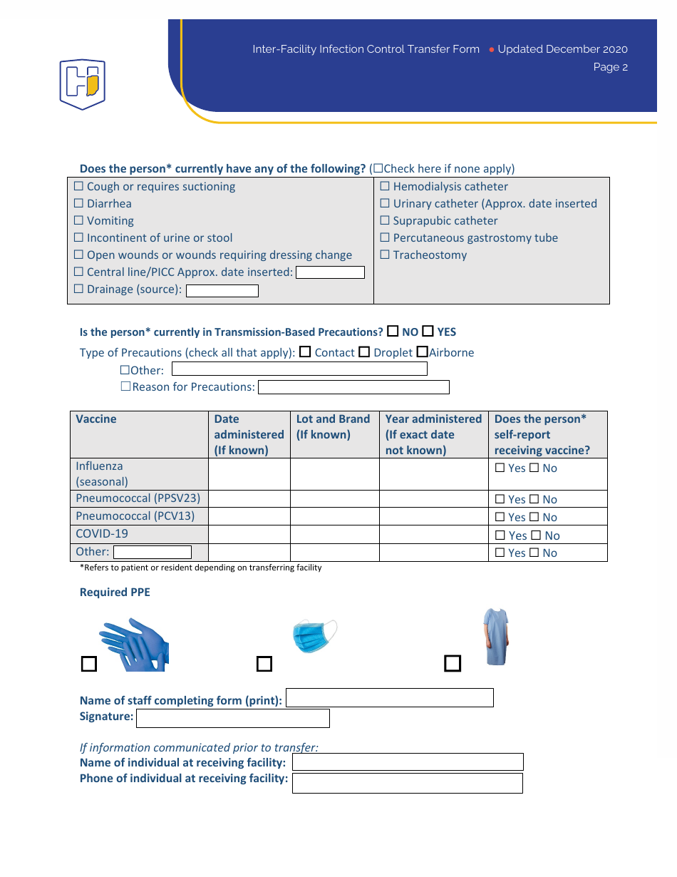 Inter-Facility Infection Control Transfer Form - Indiana, Page 3
