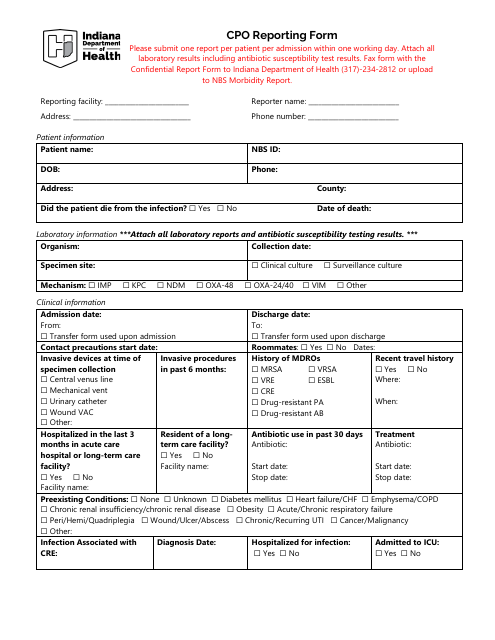 Cpo Reporting Form - Indiana Download Pdf