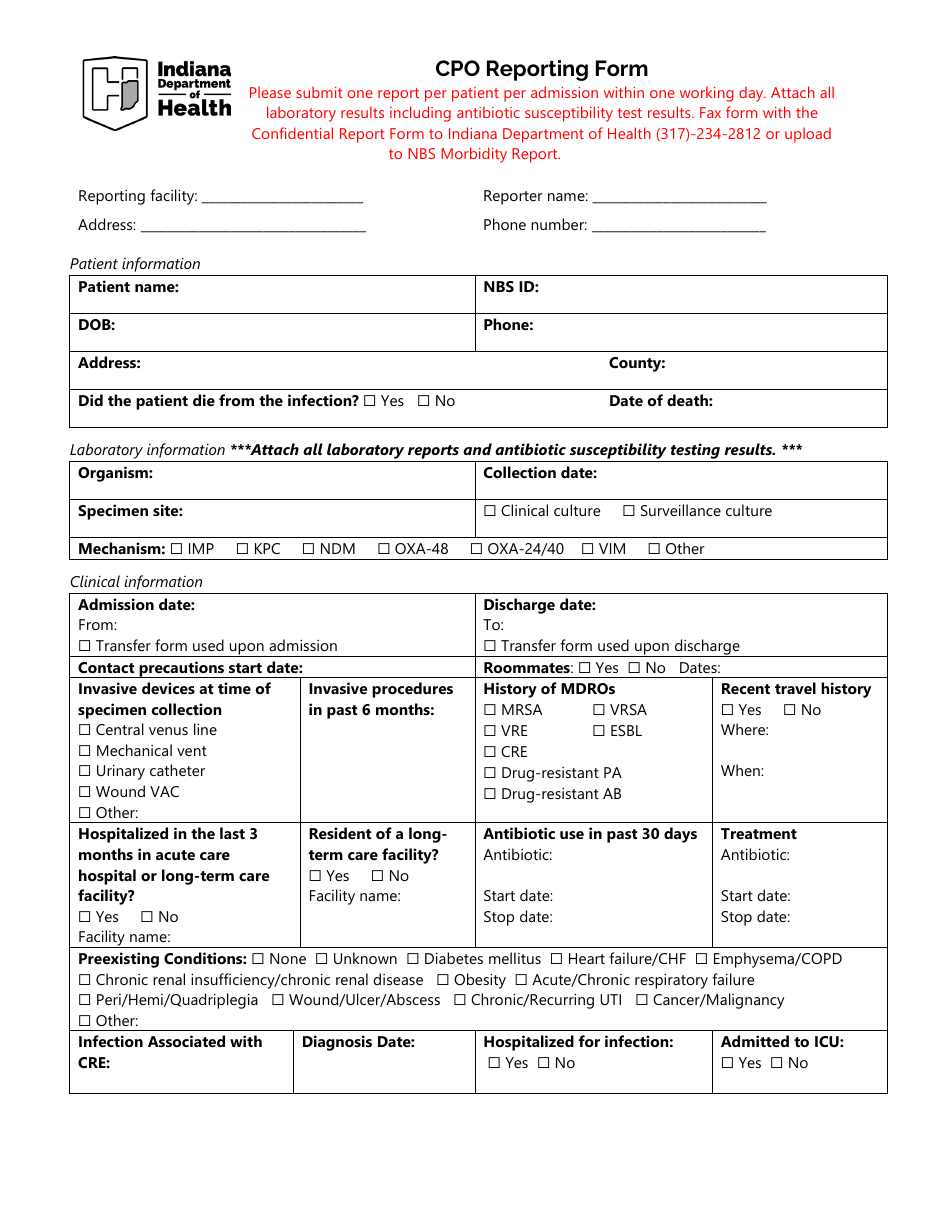 Cpo Reporting Form - Indiana, Page 1