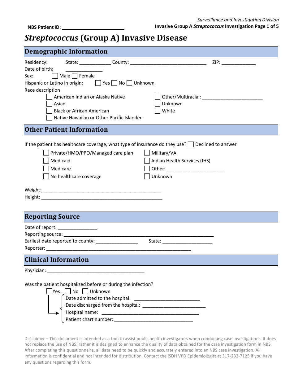 Streptococcus (Group a) Invasive Disease Investigation Form - Indiana, Page 1