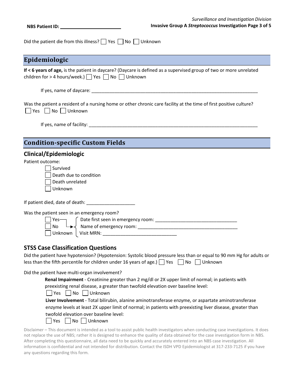 Streptococcus (Group a) Invasive Disease Investigation Form - Indiana, Page 3