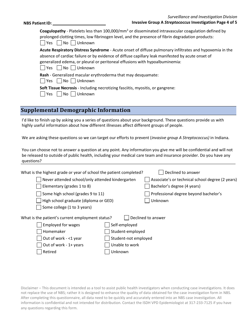Streptococcus (Group a) Invasive Disease Investigation Form - Indiana, Page 4
