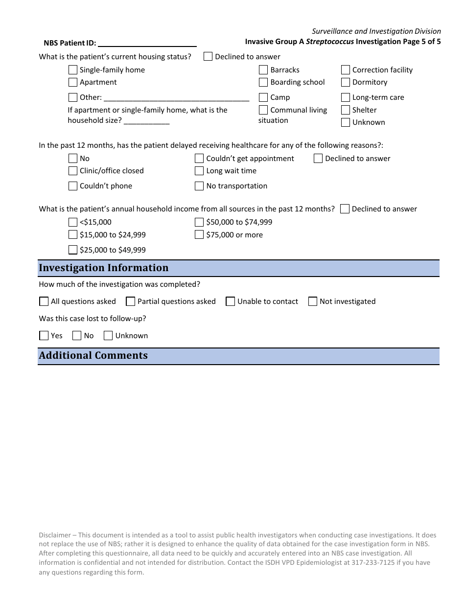 Streptococcus (Group a) Invasive Disease Investigation Form - Indiana, Page 5