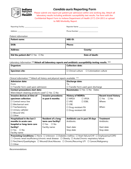 Candida Auris Reporting Form - Indiana Download Pdf