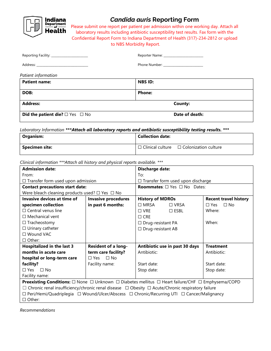 Candida Auris Reporting Form - Indiana, Page 1