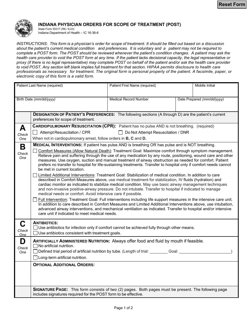 State Form 55317 Indiana Physician Orders for Scope of Treatment (Post) - Indiana, Page 1