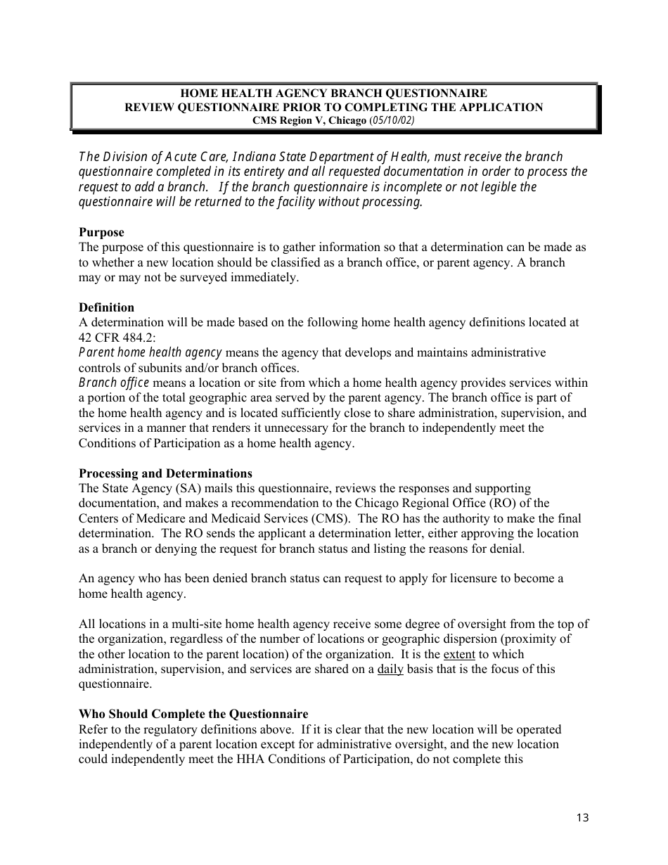 State Form 53209 Branch Questionnaire for a Home Health Agency - Indiana, Page 13