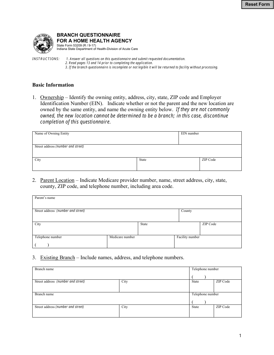 State Form 53209 Branch Questionnaire for a Home Health Agency - Indiana, Page 1