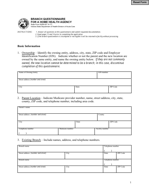 State Form 53209 Branch Questionnaire for a Home Health Agency - Indiana