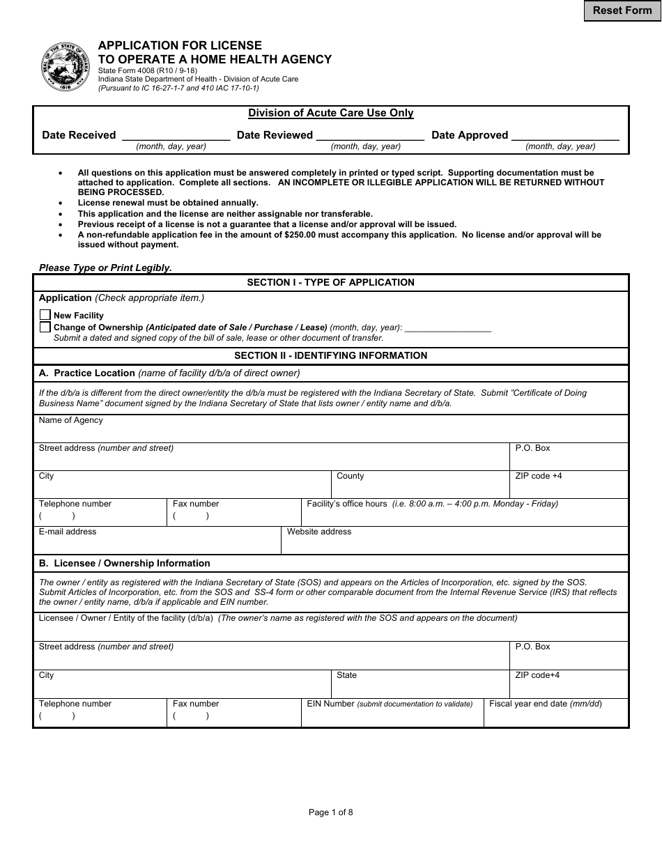 State Form 4008 Application for License to Operate a Home Health Agency - Indiana, Page 1