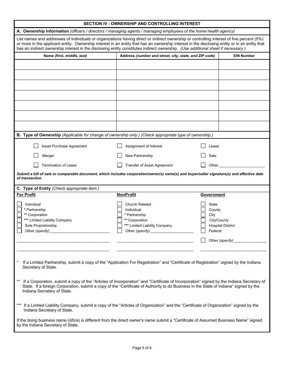 State Form 4008 Application for License to Operate a Home Health Agency - Indiana, Page 5