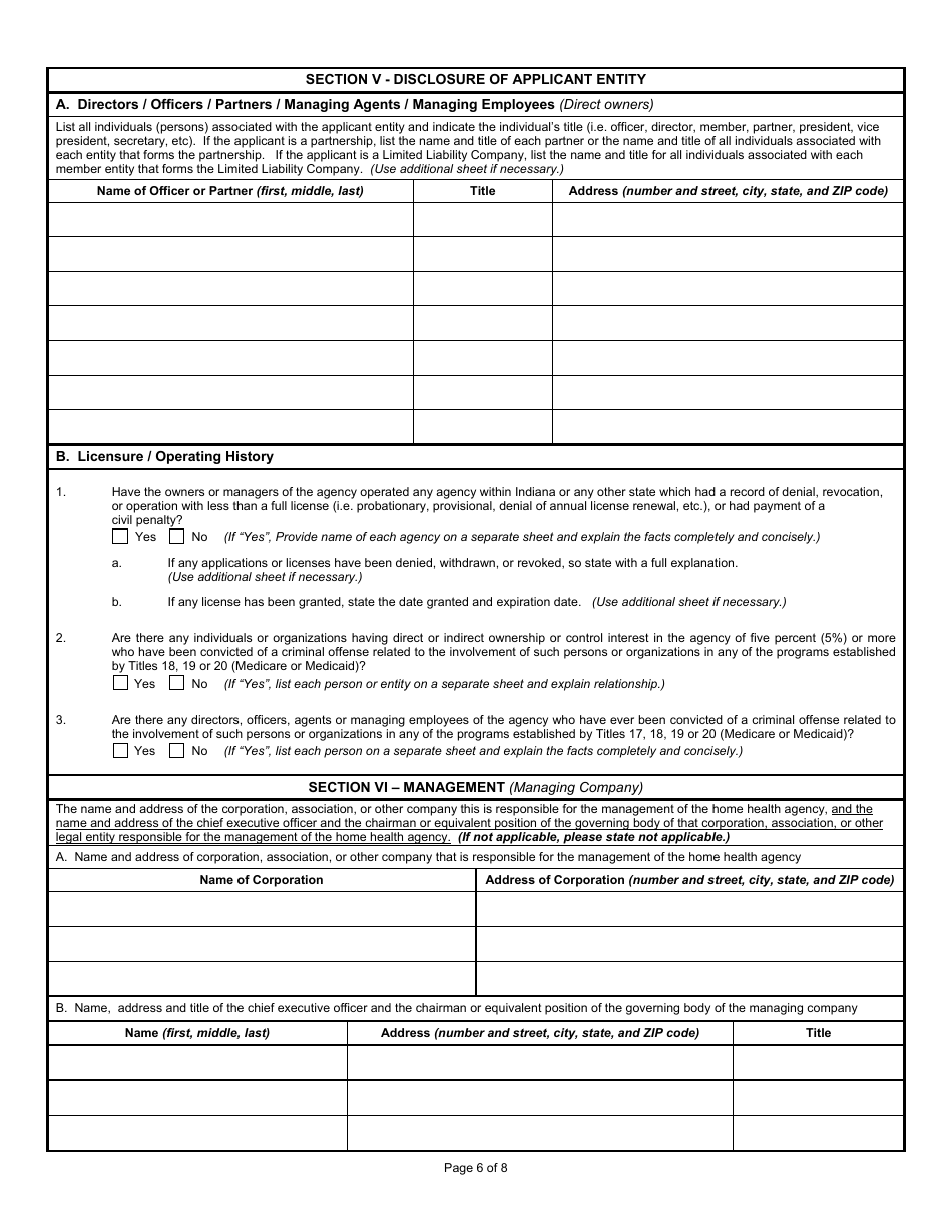 State Form 4008 Application for License to Operate a Home Health Agency - Indiana, Page 6