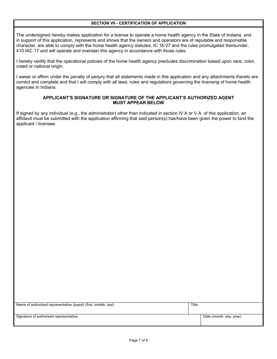 State Form 4008 Application for License to Operate a Home Health Agency - Indiana, Page 7