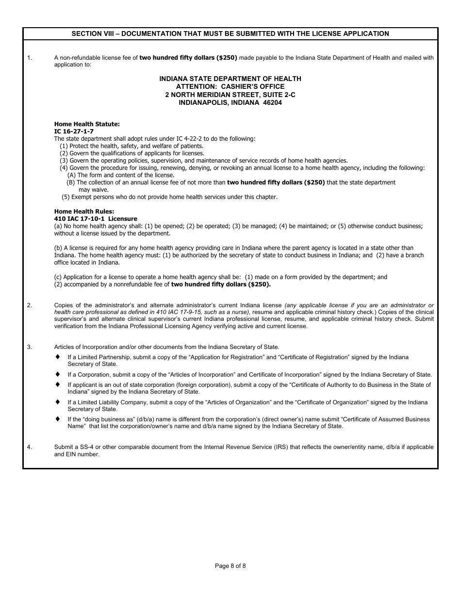 State Form 4008 Application for License to Operate a Home Health Agency - Indiana, Page 8
