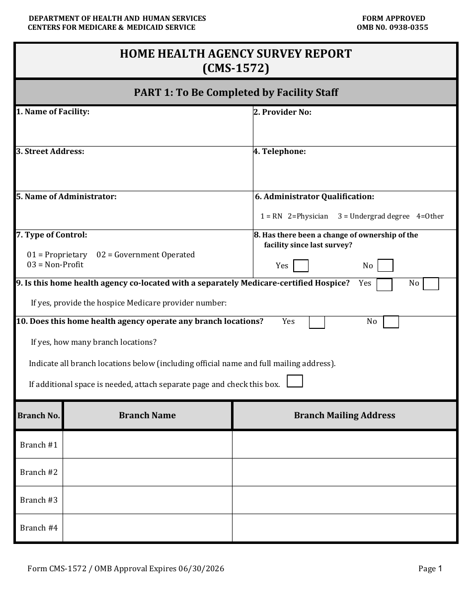Form CMS-1572 Home Health Agency Survey Report, Page 1
