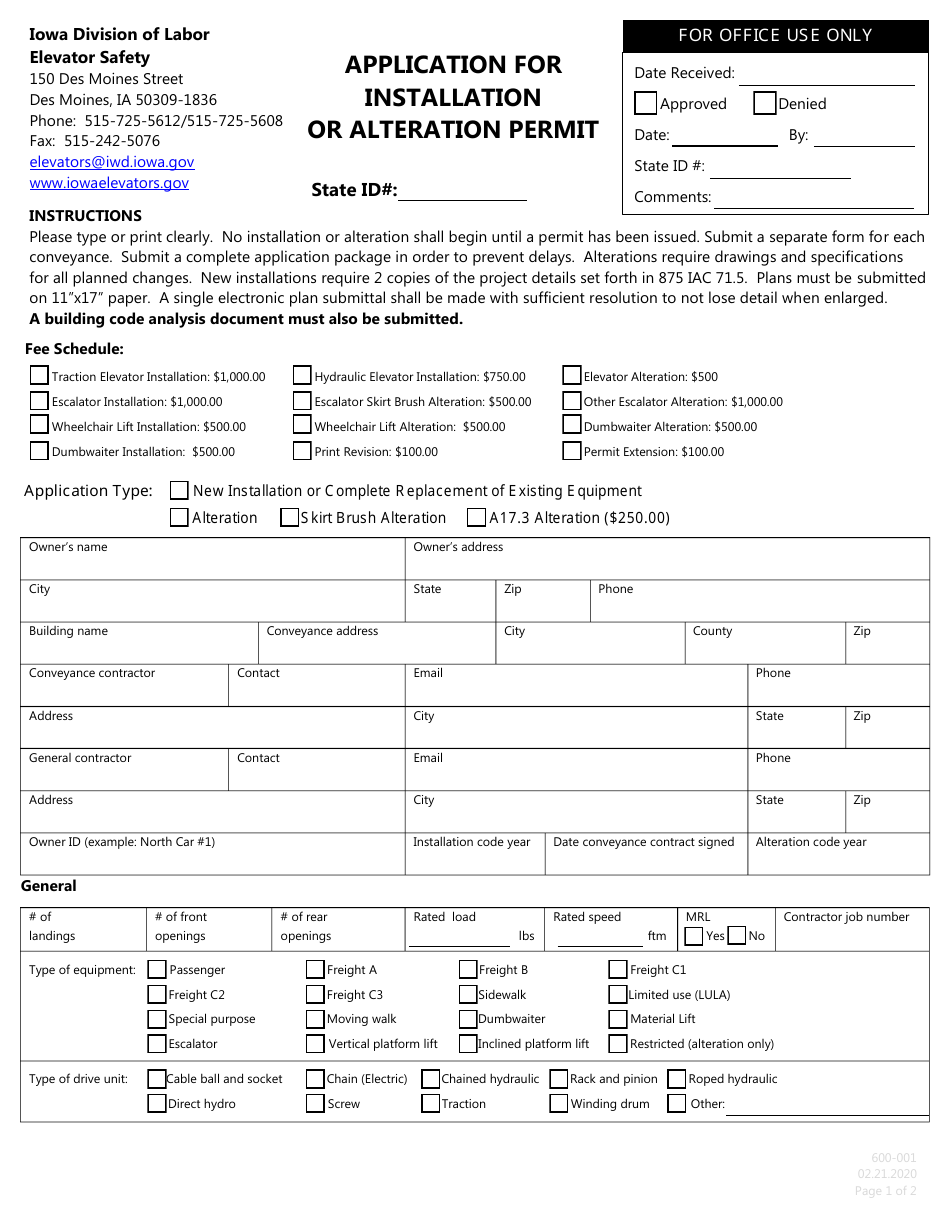 Form 600-001 Application for Installation or Alteration Permit - Iowa, Page 1