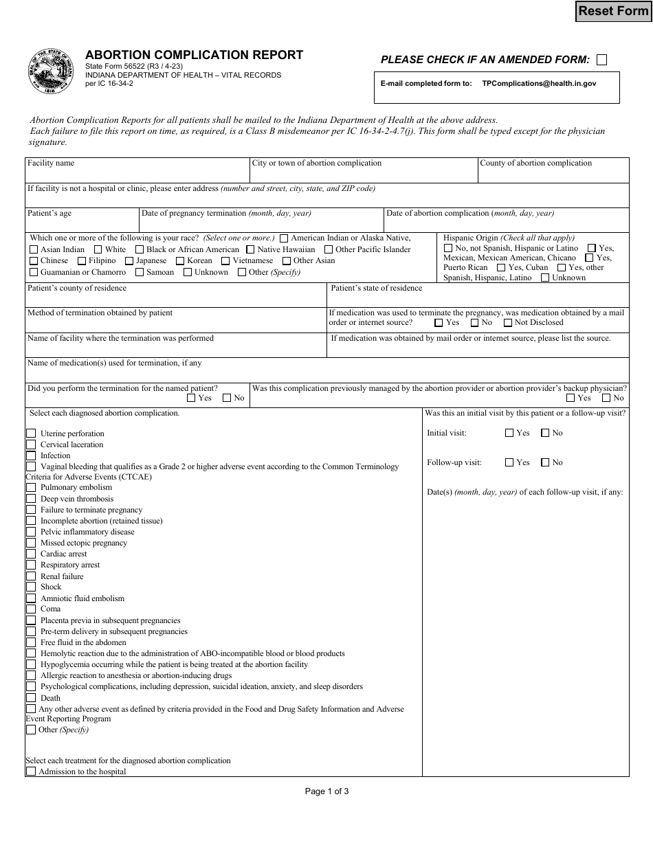 State Form 56522 Abortion Complication Report - Indiana, Page 1