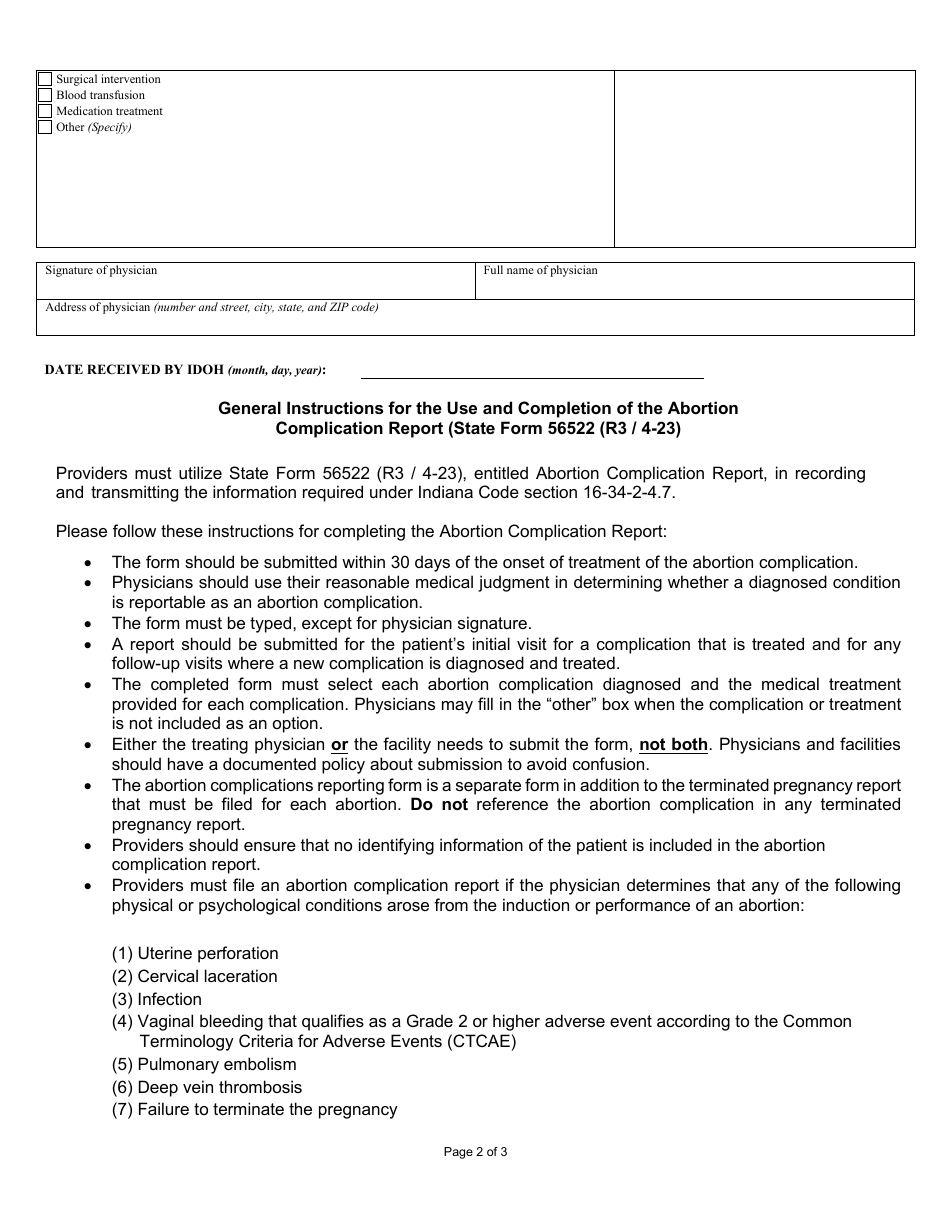 State Form 56522 Abortion Complication Report - Indiana, Page 2