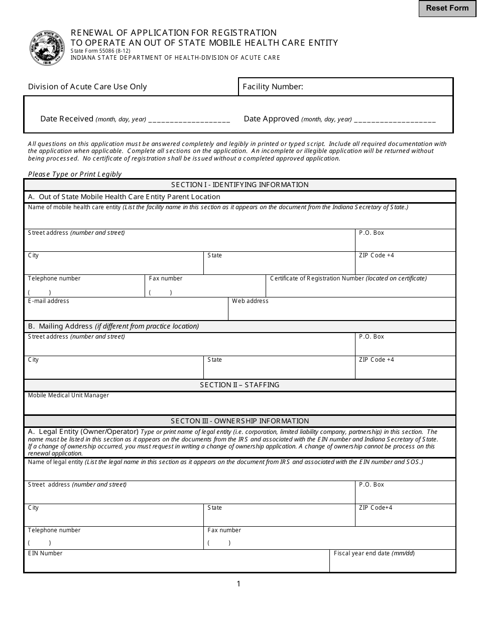 State Form 55086 Renewal of Application for Registration to Operate an out of State Mobile Health Care Entity - Indiana, Page 1