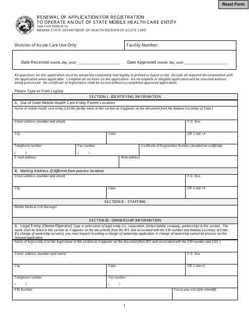 State Form 55086 Renewal of Application for Registration to Operate an out of State Mobile Health Care Entity - Indiana