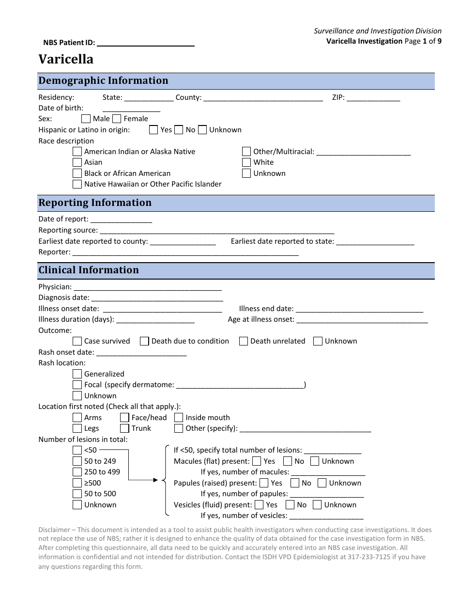 Varicella Investigation Form - Indiana, Page 1