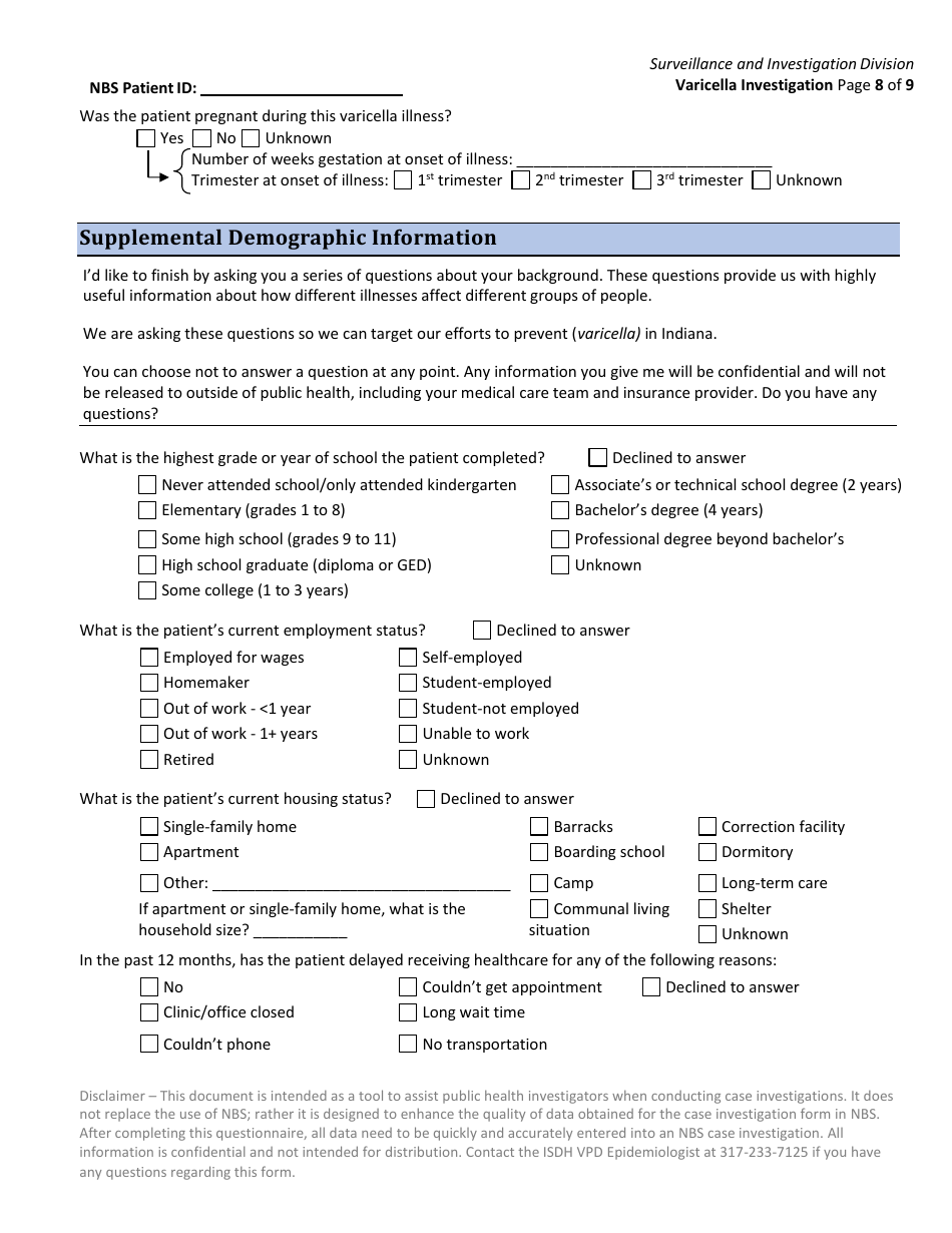 Varicella Investigation Form - Indiana, Page 8