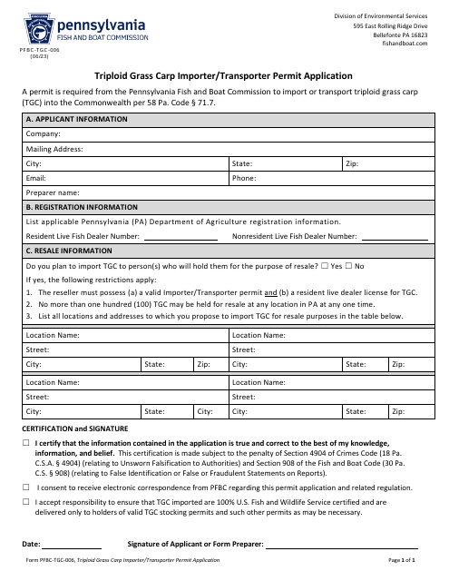 Form PFBC-TGC006 Triploid Grass Carp Importer/Transporter Permit Application - Pennsylvania