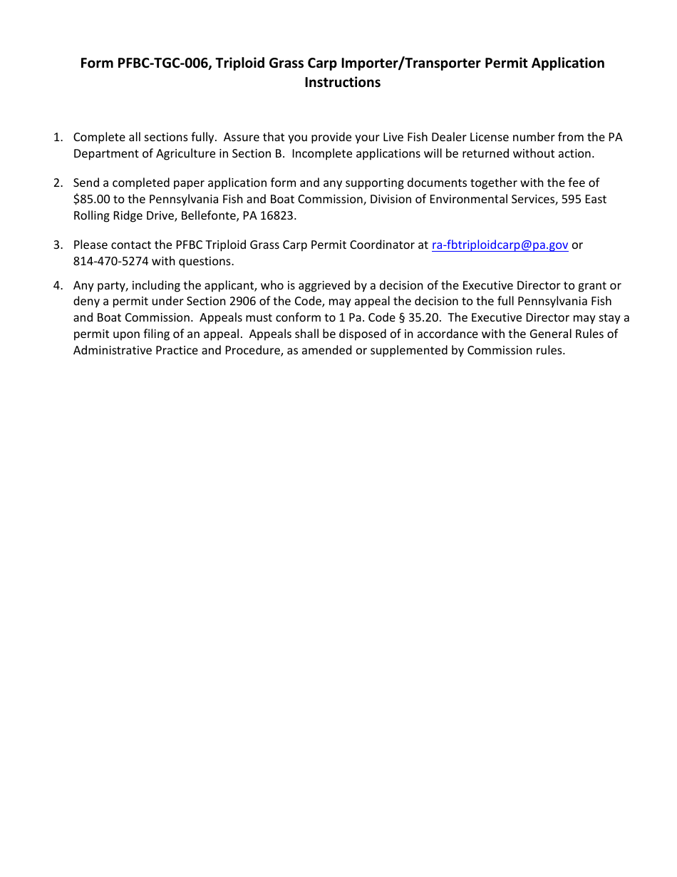 Form PFBC-TGC006 Triploid Grass Carp Importer / Transporter Permit Application - Pennsylvania, Page 2